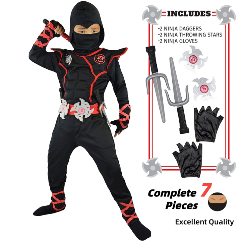 7 Stücke Unisex Kind Ninja Deluxe Kostüm für Kinder Rollenspiele thematische Party Halloween Fancy Dress-up