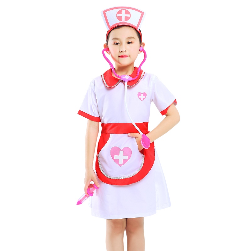 Girls Krankenschwester tun so, als würde man komplettes Dress -up -Kleid und Spielzeugset spielen