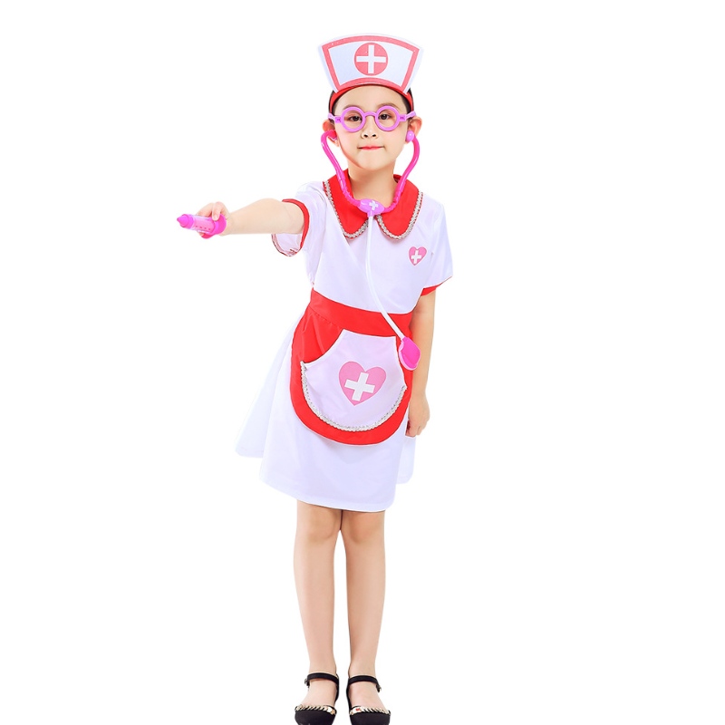 Girls Krankenschwester tun so, als würde man komplettes Dress -up -Kleid und Spielzeugset spielen