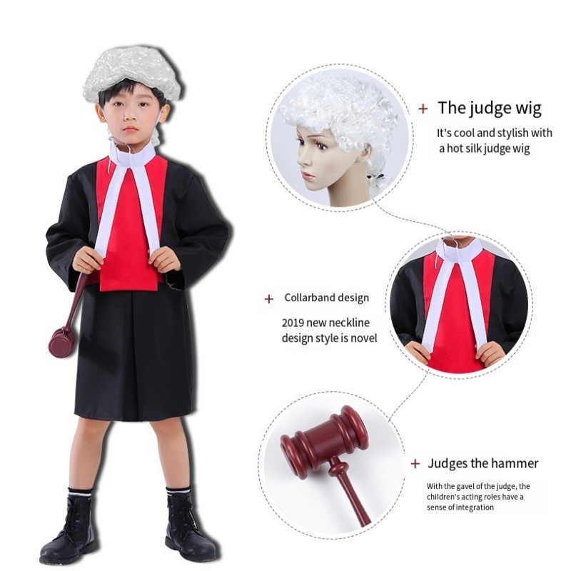 Kinder Richter Kostüme Cosplay -Robe mit Perücken Gavel Halloween Karriereanwalt Kinder Kostüm