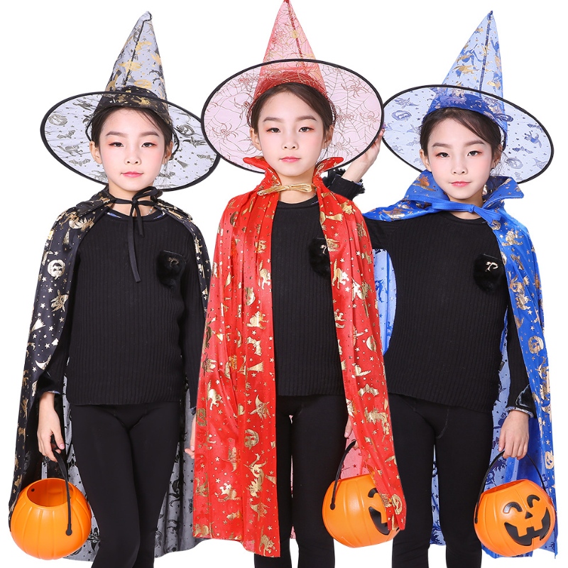 Halloween Kostüme Hexenzauberer Umhang Cape Robe Pointy Hut für Kinder Halloween Requisiten Frauen Set Cosplay -Geburtstagsfeier