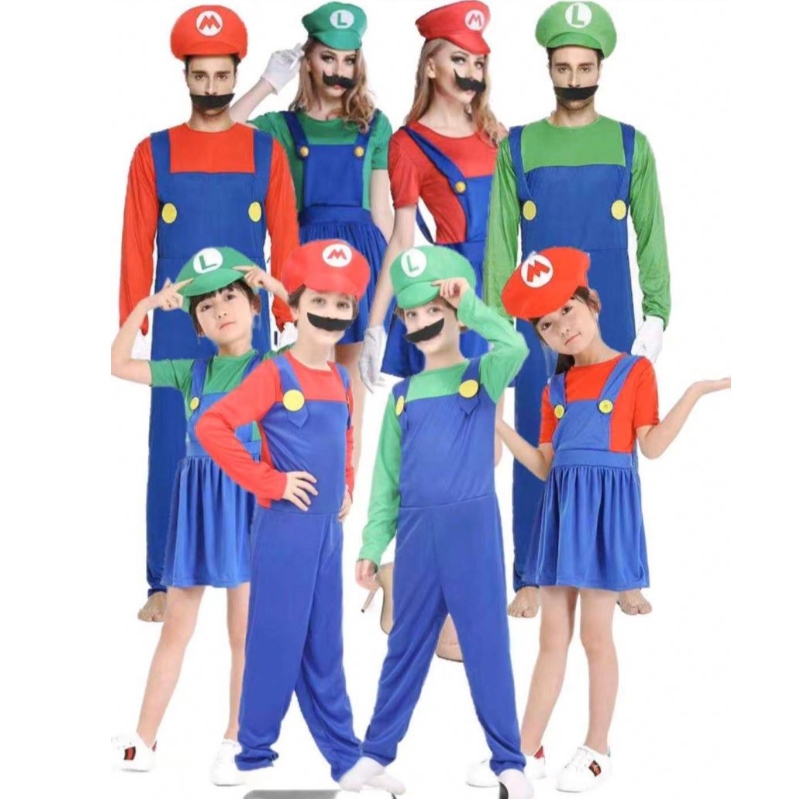 Super Mario Kleidung Erwachsene und Kinder Mario Familie Bros Cosplay Kostüm Set Kinder Geschenk Halloween Party Mario&Luigi Kleidung