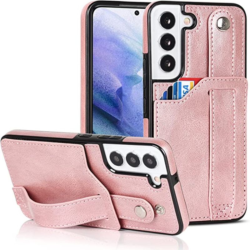 Entworfen für Samsung Galaxy S22 5G Wallet Wallet Hülle mit verstellbarem Handgelenksgurt Kickstand PU Leder Kreditkarte Halterdienstschockdicht Hybrid Rugged Protective Cover für Frauen Männer 6,1 Zoll Rosa