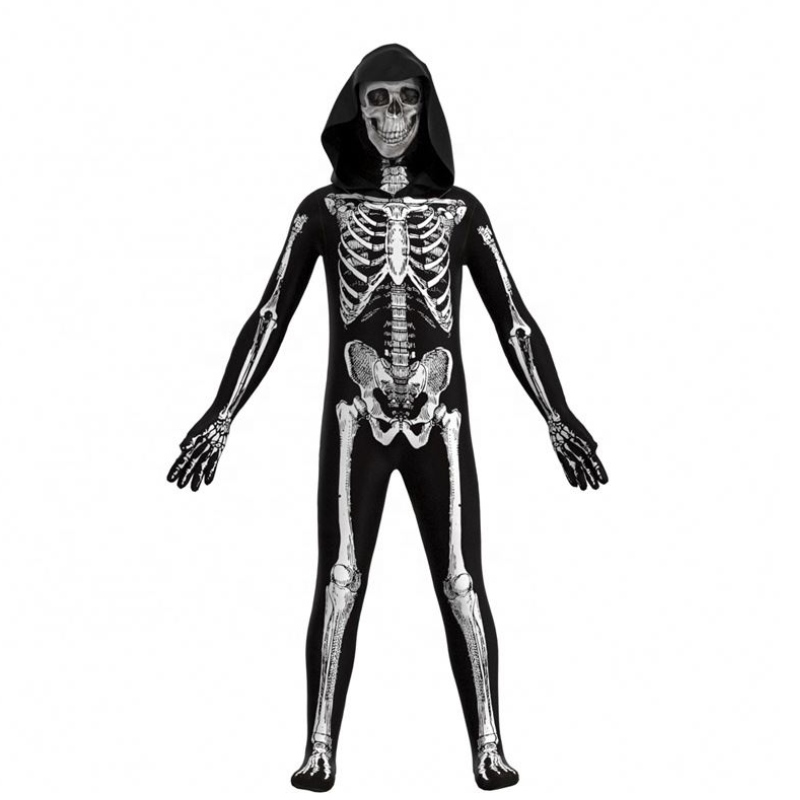 Großhandel Lebendige Scary Halloween Cosplay Requisiten menschlicher Schädel Skelett Kapuze -Jumpsuit Hoodie Kostüme für Kinder