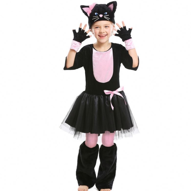 Mädchen Kitty Kostüm Halloween Dress Up Black Cat Kostüm für Kinder 4-12y DGHC-069