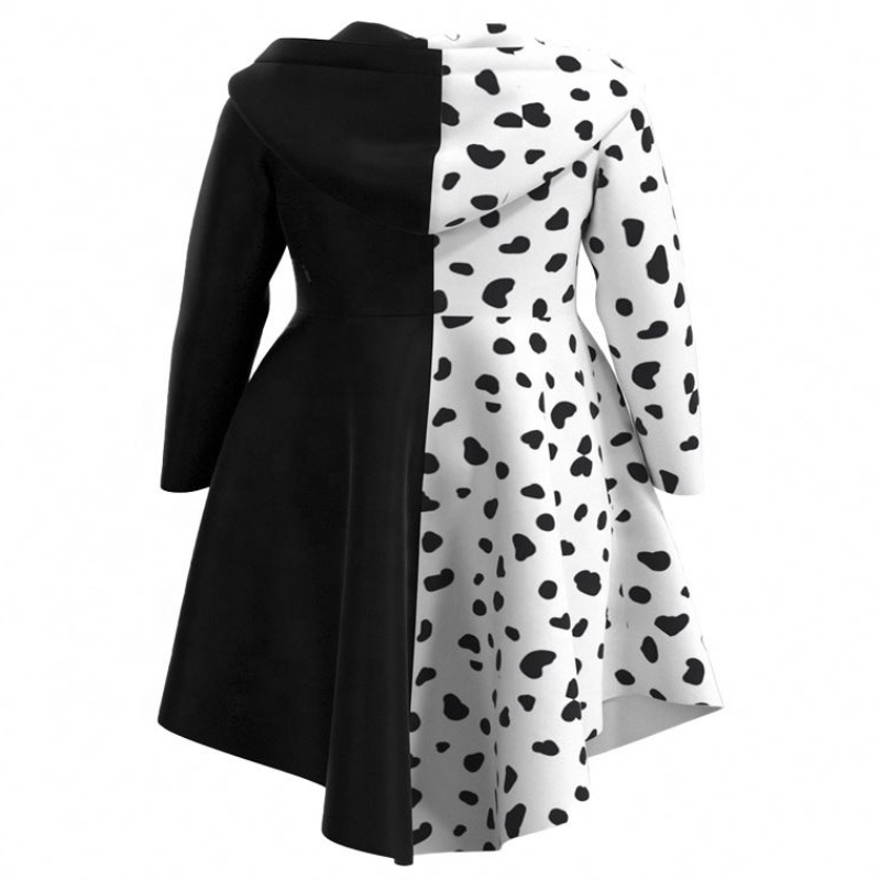 Deluxe Dress Up für Tweens weibliche Verkleidung Deville Cocktail Cosplay Party Schwarz weiß Dalmatianer Cruella Kleid Mantel für Halloween