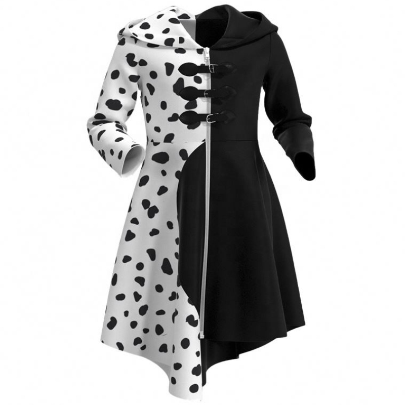 Deluxe Dress Up für Tweens weibliche Verkleidung Deville Cocktail Cosplay Party Schwarz weiß Dalmatianer Cruella Kleid Mantel für Halloween