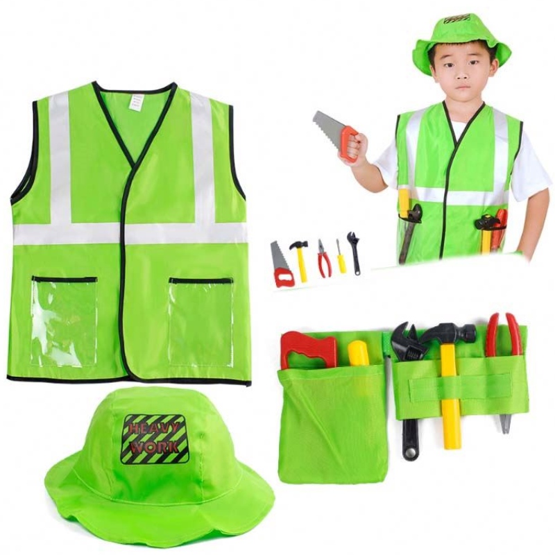 Kid Builder Career Dress Up Clothes Jungen Bauarbeiter Kostüm mit Werkzeuggürtel Weste Hut HCBC-002