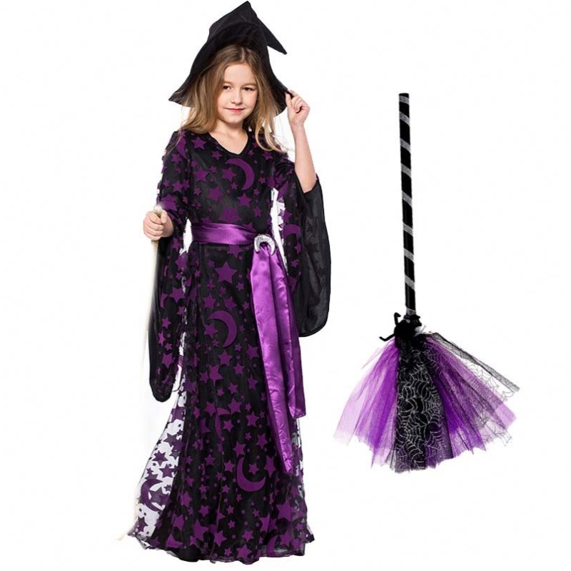Girls Halloween Dress Up Purple Wicked Witch Food Kleid mit Hutbesen HCVM-017
