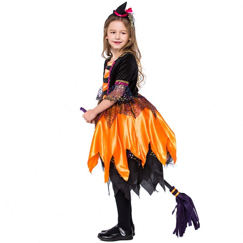 Halloween Fancy Party Dress Outfit Orange Kids Witch Kleidung HCVM-018