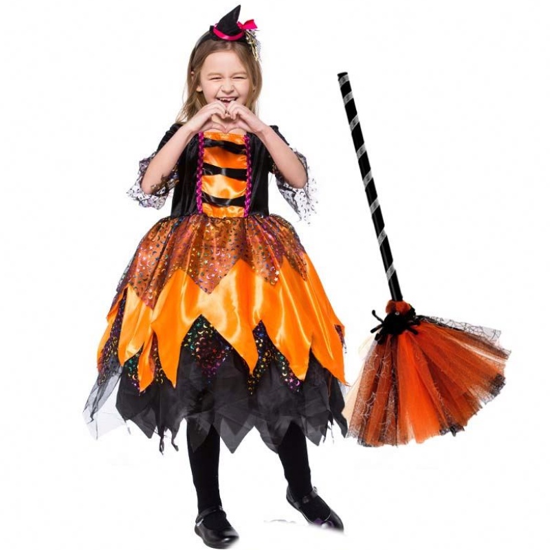 Halloween Fancy Party Dress Outfit Orange Kids Witch Kleidung HCVM-018