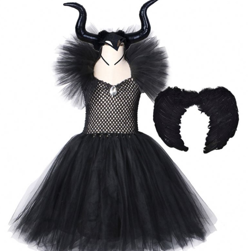 Kinder schwarze Teufel Tutu Kostüm Halloween Girls Fancy Tutu Kleid mit Feder Schal Royal Dark Queen Maleficent Kleid Kleid