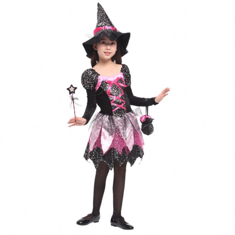 Kid Girls Zauberstab Kleidung Halloween Witch Kostüm funkelnde silberne Sterne gedrucktes Cosplay -Kleid mit spitzem Hut