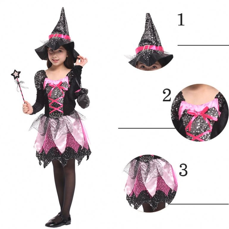 Kid Girls Zauberstab Kleidung Halloween Witch Kostüm funkelnde silberne Sterne gedrucktes Cosplay -Kleid mit spitzem Hut