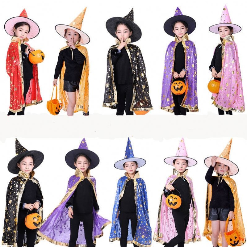 Kinder Halloween Kostüme Star Wizard Hexen Umhang Cape Robe mit spitzem Hut Cosplay Requisiten Geburtstagsfeier Mardi Gras Accessoire