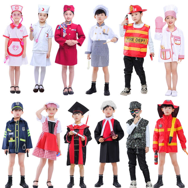 Halloween Kinder Doktor Cosplay Kostüm Kindergarten Rollenspiel Feuerwehrkrankenschwester Koch Polizei Kostüm Krankenschwestern Piloten Kostüme
