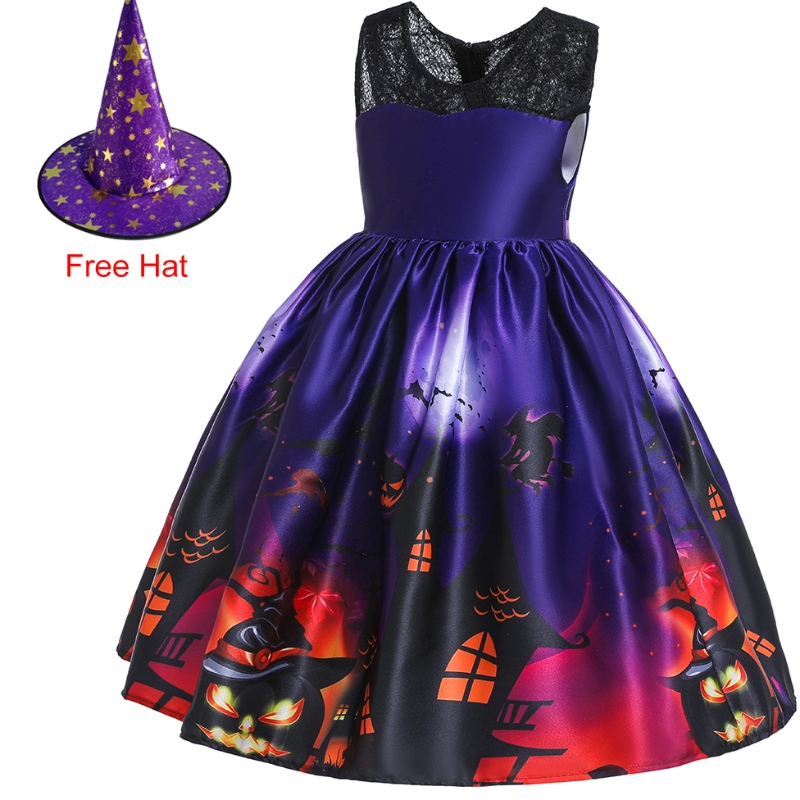 Das fliegende Ärmelkleid von Kindern Halloween Prinzessin Kostüm Geisterdruckkleid mit Hut