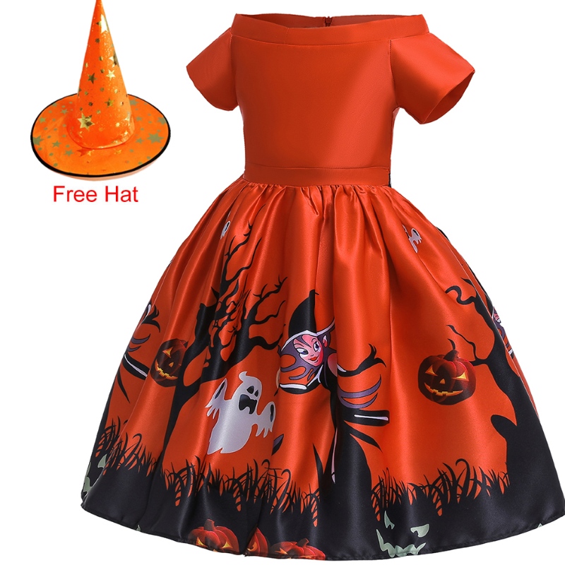 Amazon Halloween Kinder Kostüm Cosplay Maskerade Druck Kleid Performance Kleid mit Hut