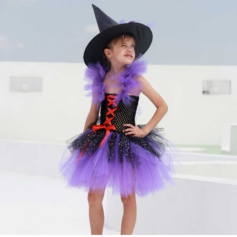Amazon heißer Verkauf Tutu Witch Kleid Kostüm für Mädchen mit Hexenhut Halloween Karneval Party
