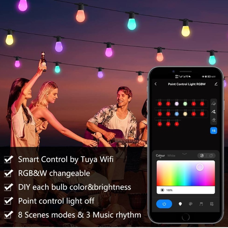 Smart Color String Lights, 48ft Smart Patio Lights RGBW LED -Stringlichter, App&WiFi Control, funktioniert mit Alexa, Farbwechselkettenlichter mit dimmbaren 15 LED -Lampen, IP65 wasserdicht