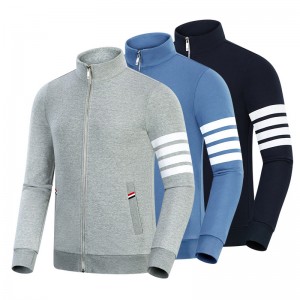 Frühlings- und Herbst -Neue vier Bar Baumwolle Fashion Casual Small Stand Collar Men \'s und Women\' s Reißverschluss Long Sleeve Cardigan Mantel