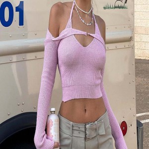 Fabrik Custom 2023 Sommer Rosa gegen Nacken unregelmäßige Halfterhals Langarmige sexy Mode Kurzgestrickte Frauen \'s Pullover