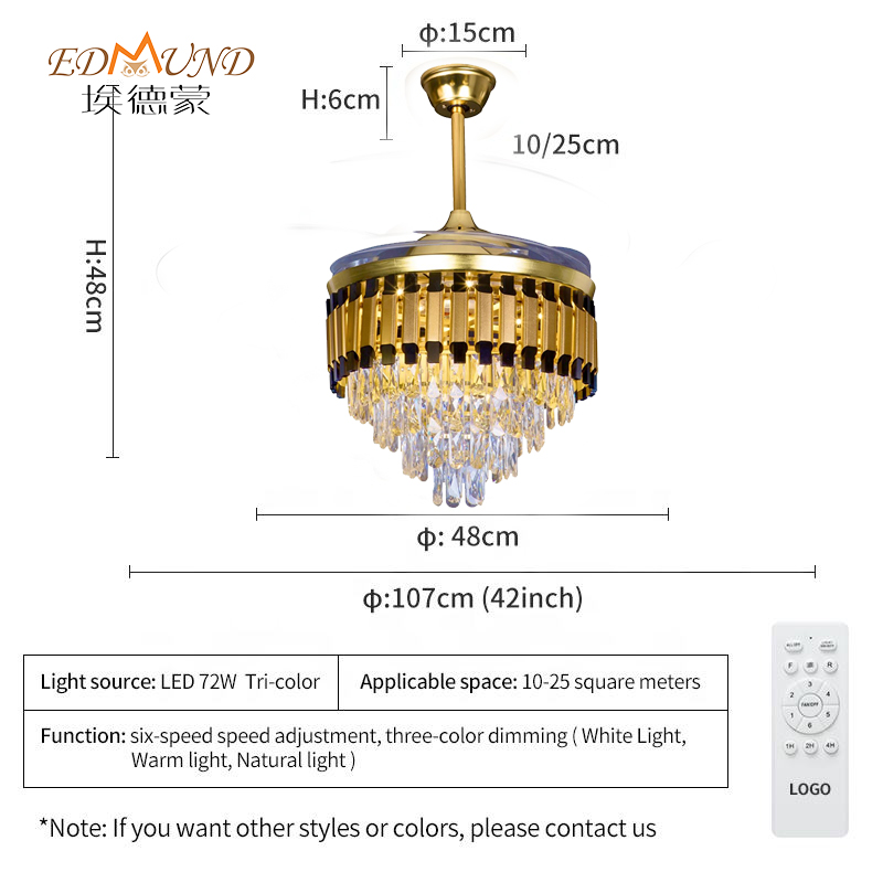 K011 Kronleuchter Deckenventilator mit Licht mit Fernbedienung 42 Zoll 3 Farbe mit Lautsprecherkristallventilator Kronleuchter