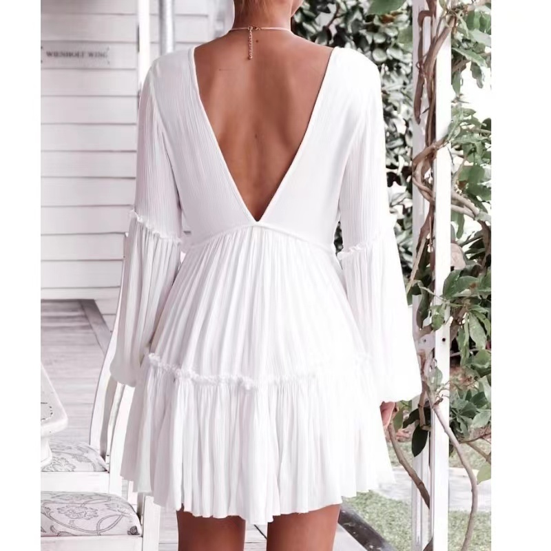 Sommer Mode weiße V-Ausschnitt Laternenhülle Lose Frauen Kleid