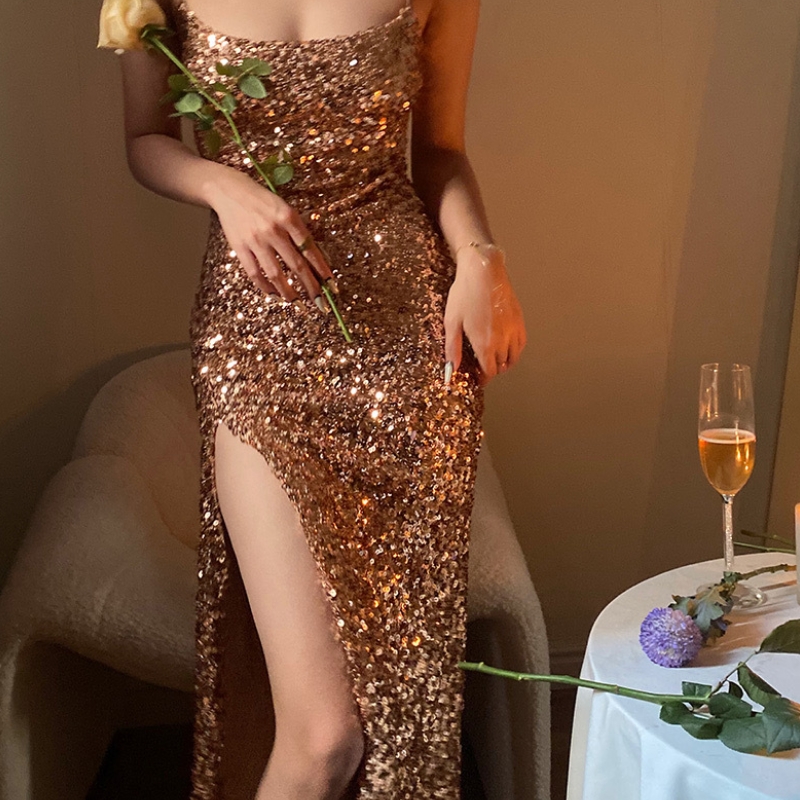 Champagner sexy leichte Luxus High-End-Party-Paillettenhalter Kleid Helle Blitz Nische kleines Kleidrock Kleid