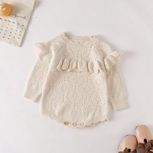 Herbst und Winter Neue Mädchen \\\\\\\\ \'Baby gestricktem Overall ausgehöhlt, ausgehöhltes Longärmelte-Strick-Knopf-Jumpsuit ausgehöhlt
