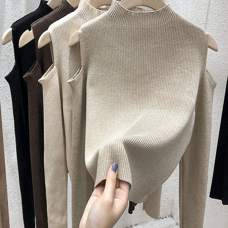 2023 Neue Mode Frauen Winterpullover Koreanische Solidfarbe außerhalb des Schulters Langarmed Top Basis-Hemd-Hemdpullover