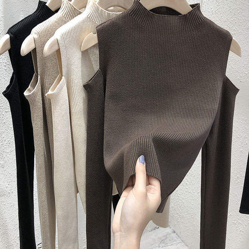 2023 Neue Mode Frauen Winterpullover Koreanische Solidfarbe außerhalb des Schulters Langarmed Top Basis-Hemd-Hemdpullover