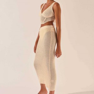 2023 Neue Frauen Kleidung Häkelhöre hohles Stricken V-Ausschnitt ärmellose Weste Crop Top Sexy Hüftrock 2-teilige Anzug Kleid Pullover