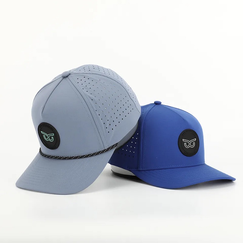 NEU FODE Custom PVC Patch Logo 5 Panel wasserdichte Polyester Sportgolfhut, Lasergeschnittenes perforiertes Vater Gorras, Seilbaseballkappe