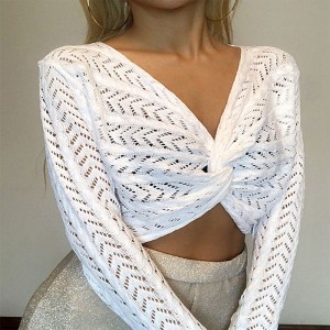 Weißer Pullover mit V-Ausschnitt ausgehöhlt mit langärmer Modenshow dünne sexy gestrickte Frauen-Pullover