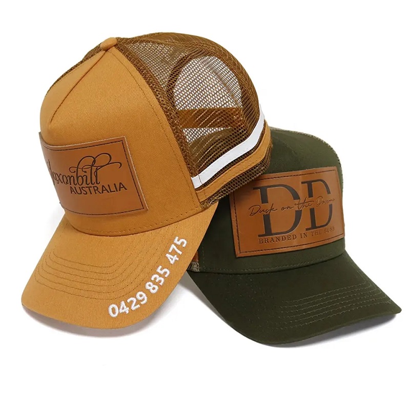 Hot Sale Customize 5 Panel High Crown Cotton Trucker Caps Custom Leder Patch mit 2 Seitenstreifen -Trucker -Hüten