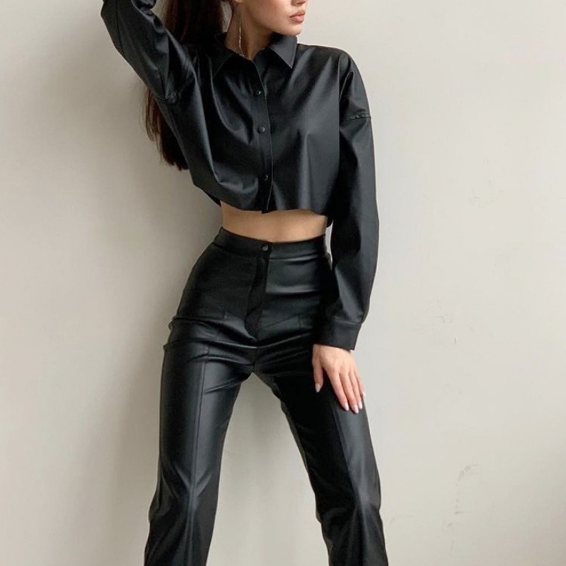 Herbst- und Winter-Motorrad sexy matte PU-Leder mikroelastische langärmelige kurze Hemd