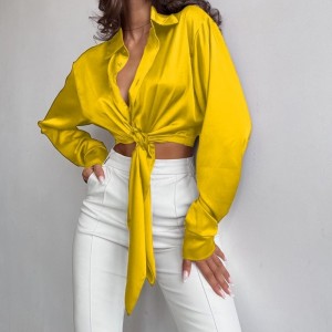 Gelegenheiten Seide Satin Textur Revers Longärmedise Top