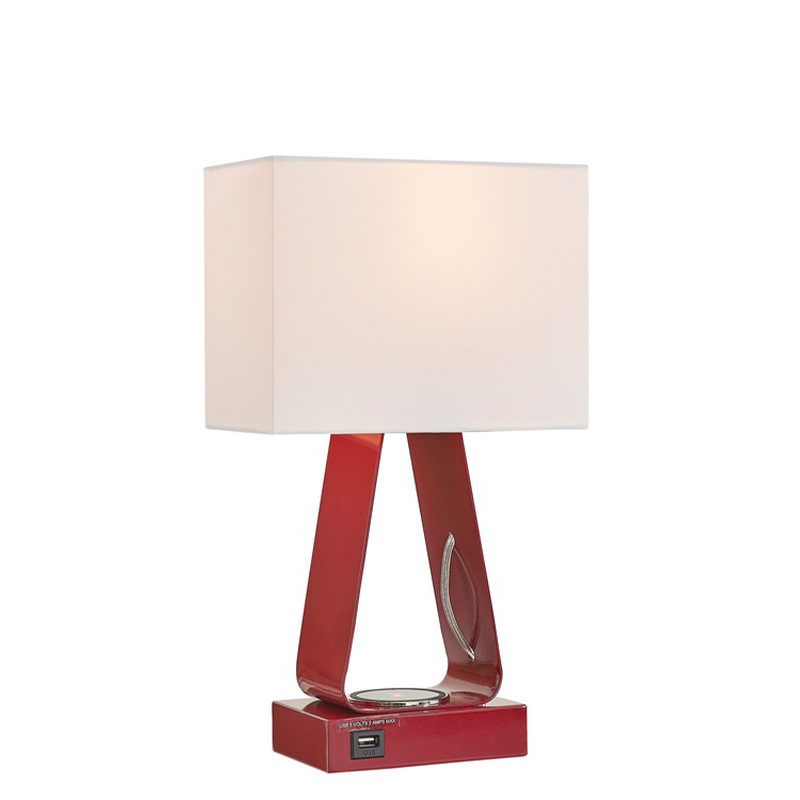 Winzige Schreibtischlampe mit rotem Finish, einem USB -Ladeanschluss, einer drahtlosen Ladestation und einem auf/off Rocker -Schalter im Gästezimmer