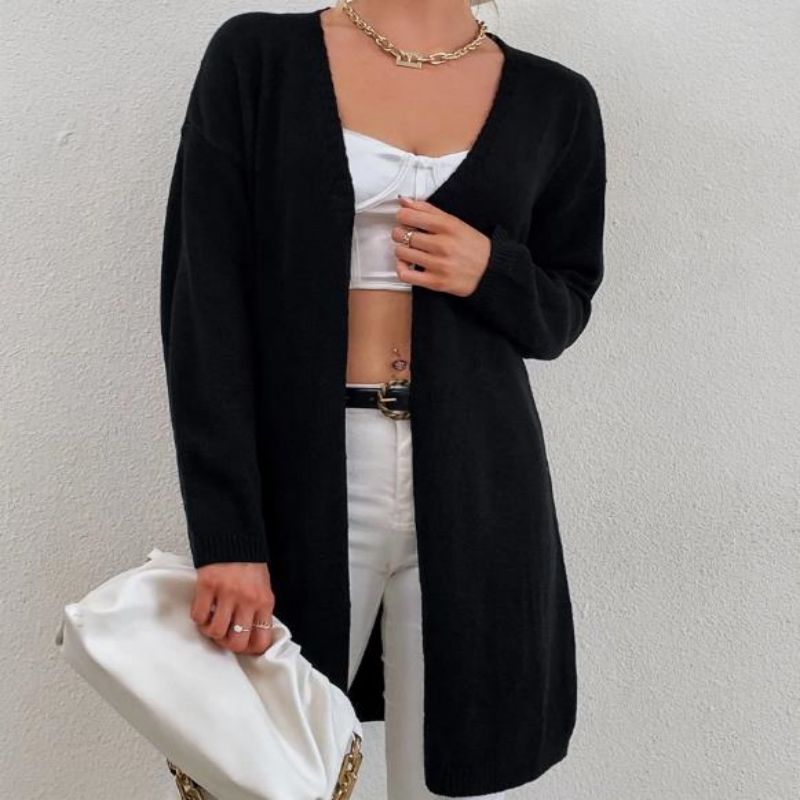 Herbst Frauenpullover Mantel Lose schwarze tägliche lange Strickjacke Cardigan