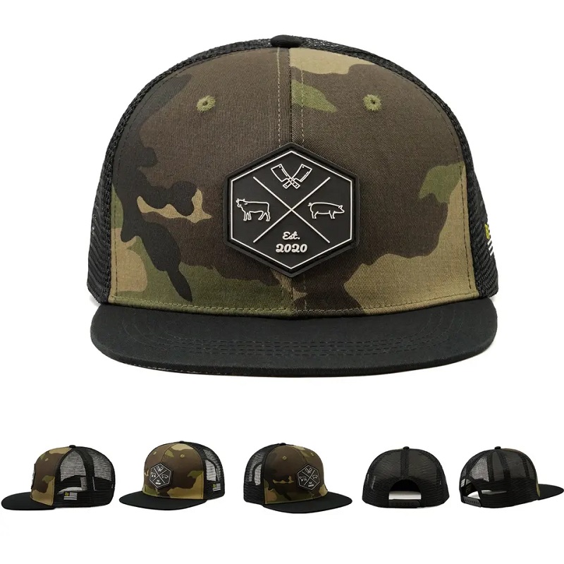 Großhandel Customized Hip Hop Camo Snapback Mesh bestickter Patch -Logo Custom 6 Panel Flat Bim Trucker Cap und Hut