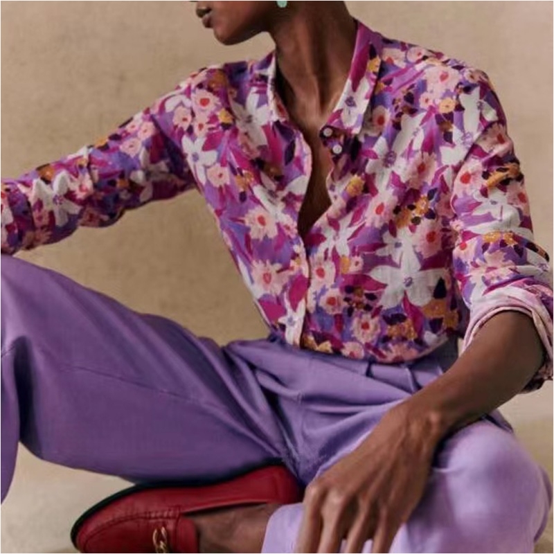 Neues französisch-elegantes modernes gedrucktes Muster fließender Seide und Baumwollmischung langärmeliges dünnes Hemd