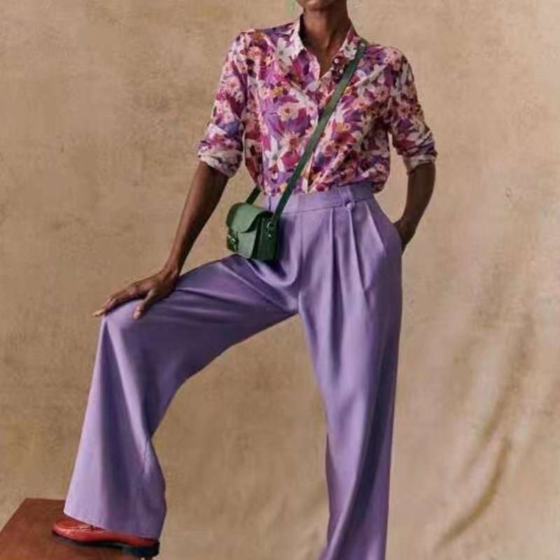 Neues französisch-elegantes modernes gedrucktes Muster fließender Seide und Baumwollmischung langärmeliges dünnes Hemd