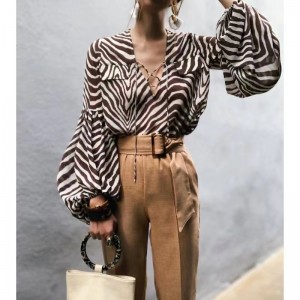 2023 Neue Frauen-Mode All-Match Slim Striped Spinning Printed Longleved Tie-up-Shirt
