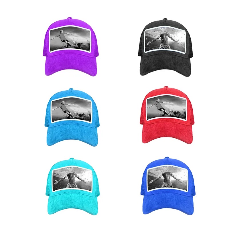 Großhandel hochqualitativ hochwertiger Mesh Custom Velvet Trucker Cap 5 Panels benutzerdefinierte Applikations Patch Stickerei Schwarzer Samt Trucker Hut