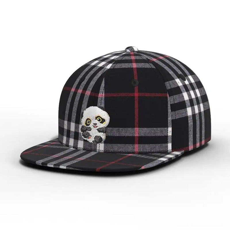 Wholesales hochwertige benutzerdefinierte Farbkarton Panda Checked Hat Plaid Plaid Flat Rand Snapback Cap