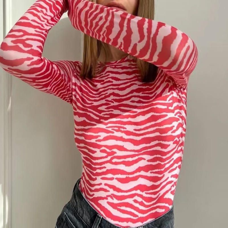 Europäischer und amerikanischer Stil runder Nacken Zebra-Print T-Shirt Schlankes gestreiftes Bodenhemd
