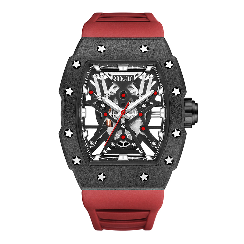 Baogela Top Marke Dominanter Tonneau Mechanische Industriestil Skelett Luminous wasserdichte Sports Uhren Stahl Silikonuhr 4147