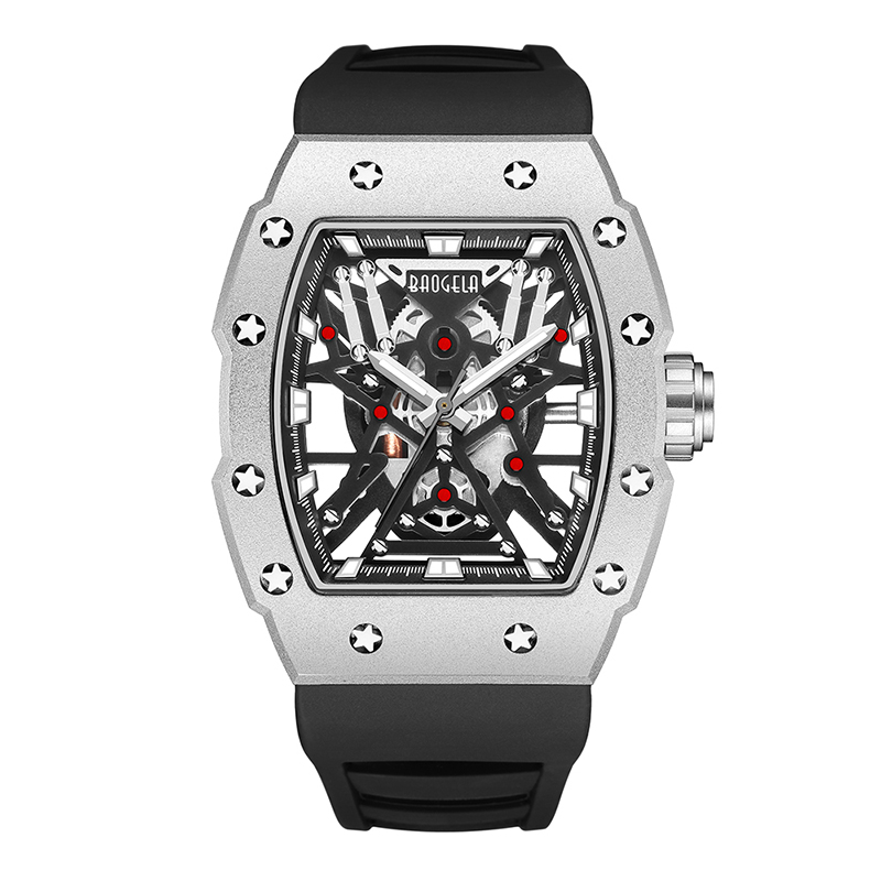 Baogela Top Marke Dominanter Tonneau Mechanische Industriestil Skelett Luminous wasserdichte Sports Uhren Stahl Silikonuhr 4147