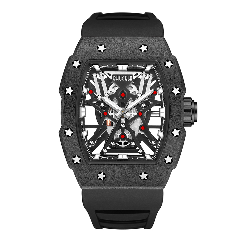 Baogela Top Marke Dominanter Tonneau Mechanische Industriestil Skelett Luminous wasserdichte Sports Uhren Stahl Silikonuhr 4147